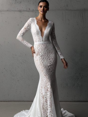 Custom Made Full Sleeves Ivory Lace Mermaid Wedding Gown with Deep V Neck
